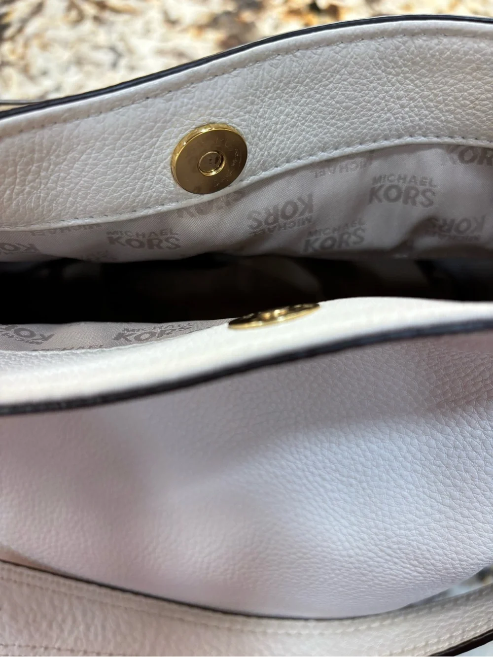 Michael Kors White Pebbled Leather Shoulder Tote with Gold Chain Detail
